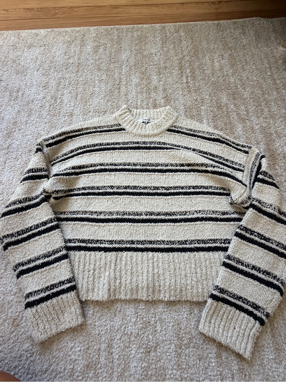 Madewell Cream and Black Striped Crewneck Sweater